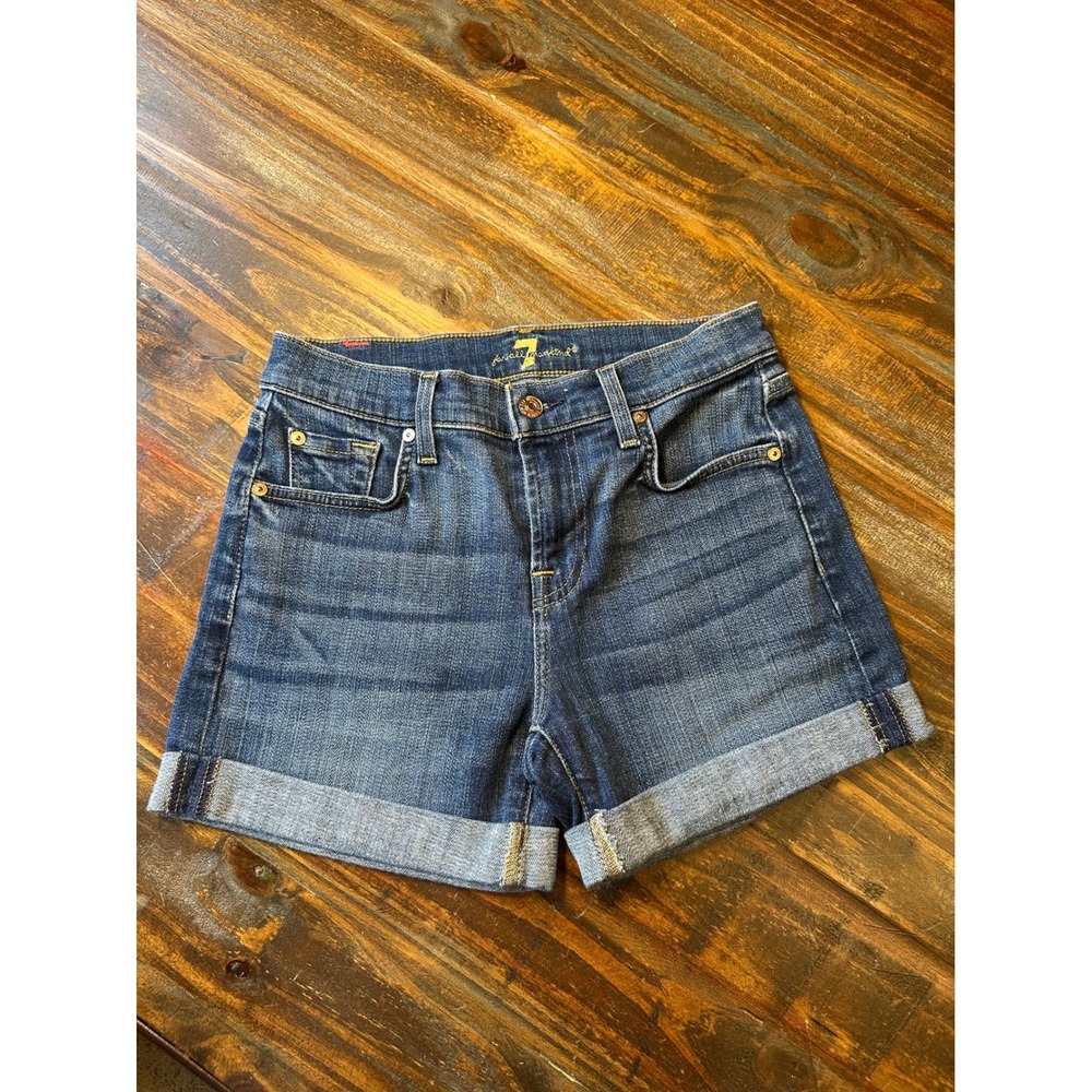 7 For All Mankind Relaxed Mid Roll Denim Shorts‎ Dark Wash Blue Womens Size 24